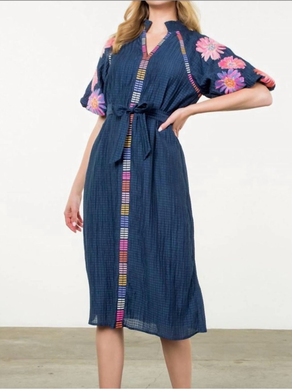 THML The Consistency Navy Embroidered Midi Dress with Tie Belt - Picture 2 of 10